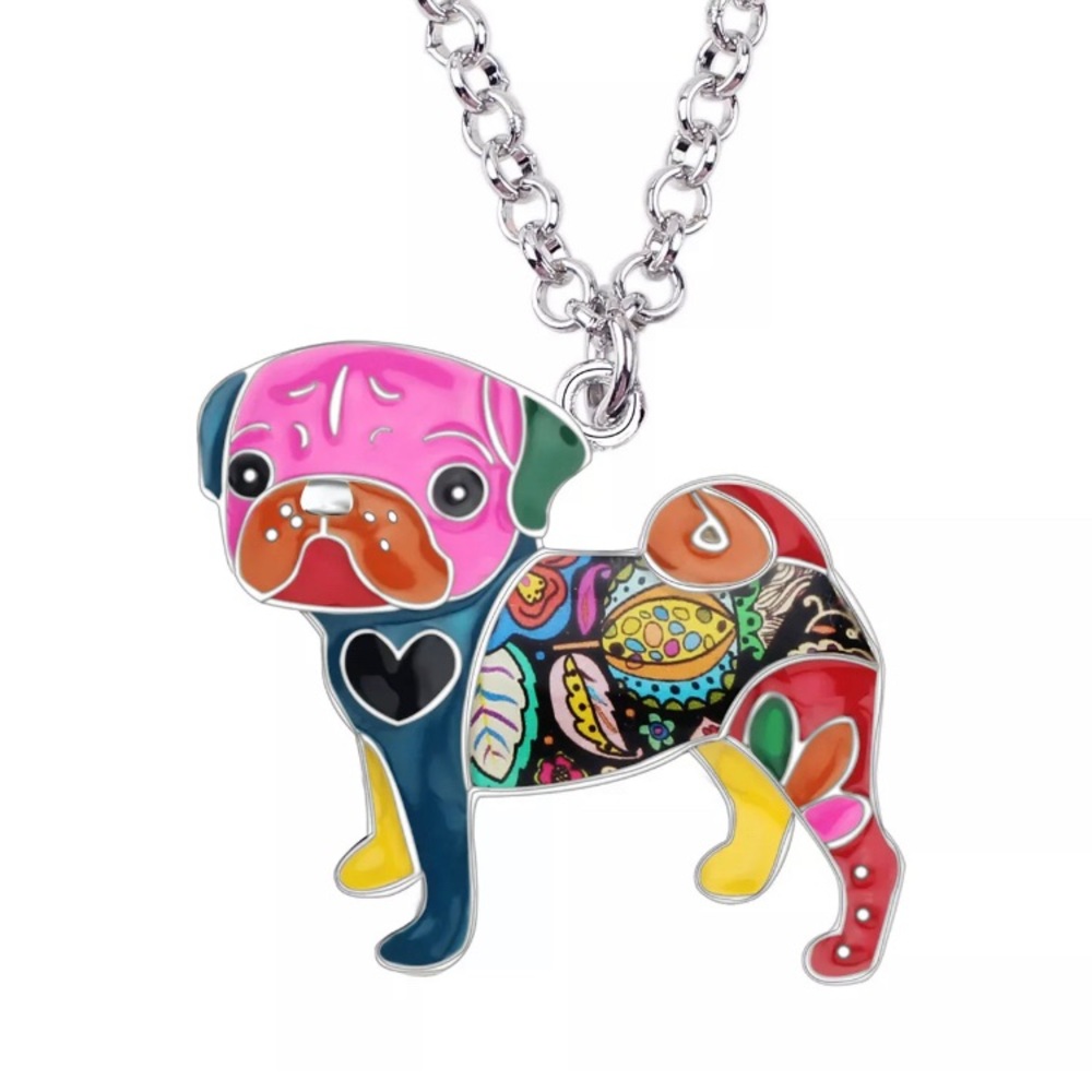 Enamel Pug Dog Puppy Pendant & 316 Stainless Steel Necklace